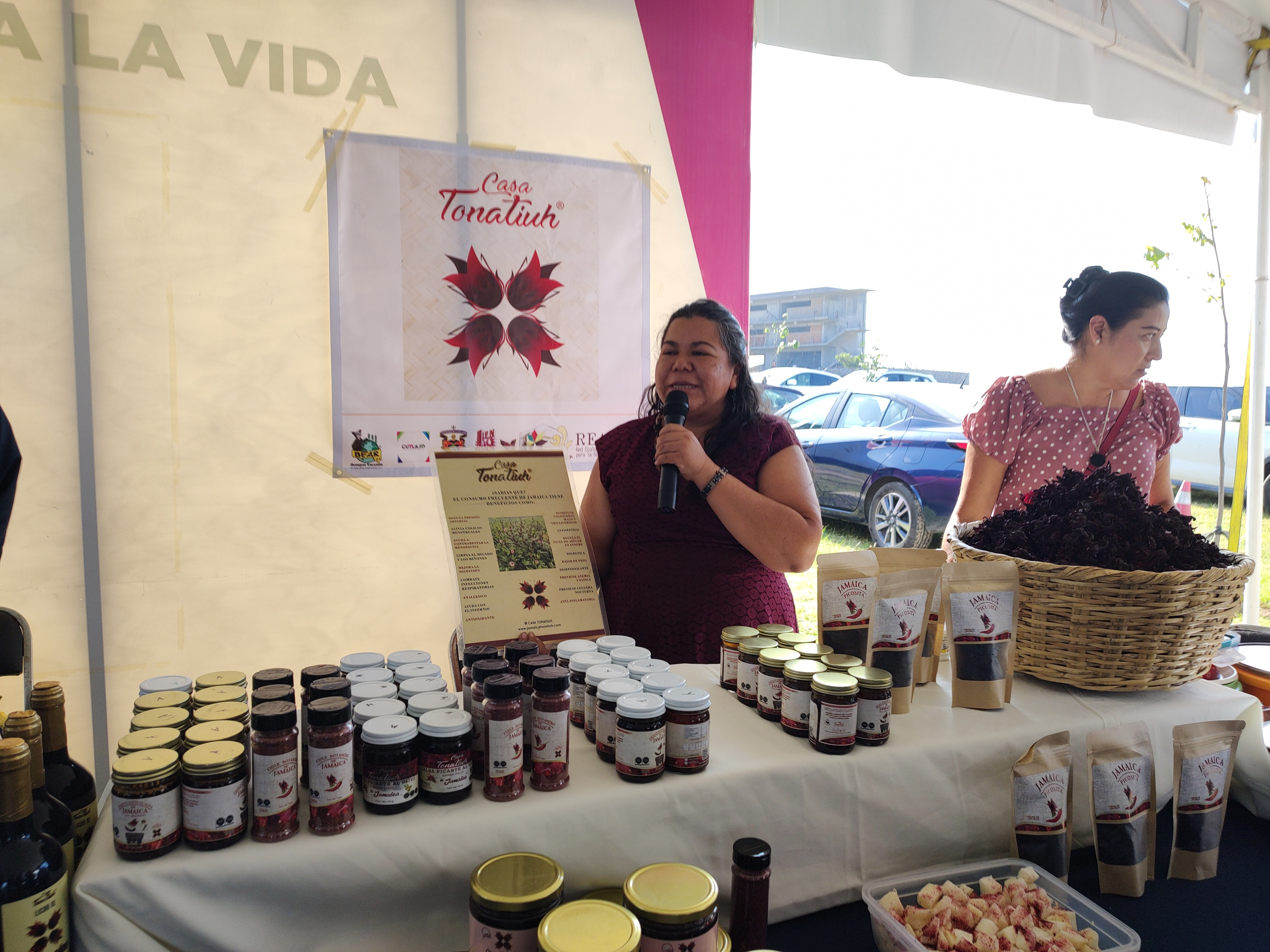 Expositora hablando sobre las propiedades de la jamaica.